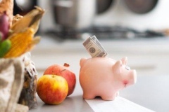 Groceries with piggy bank and receipts